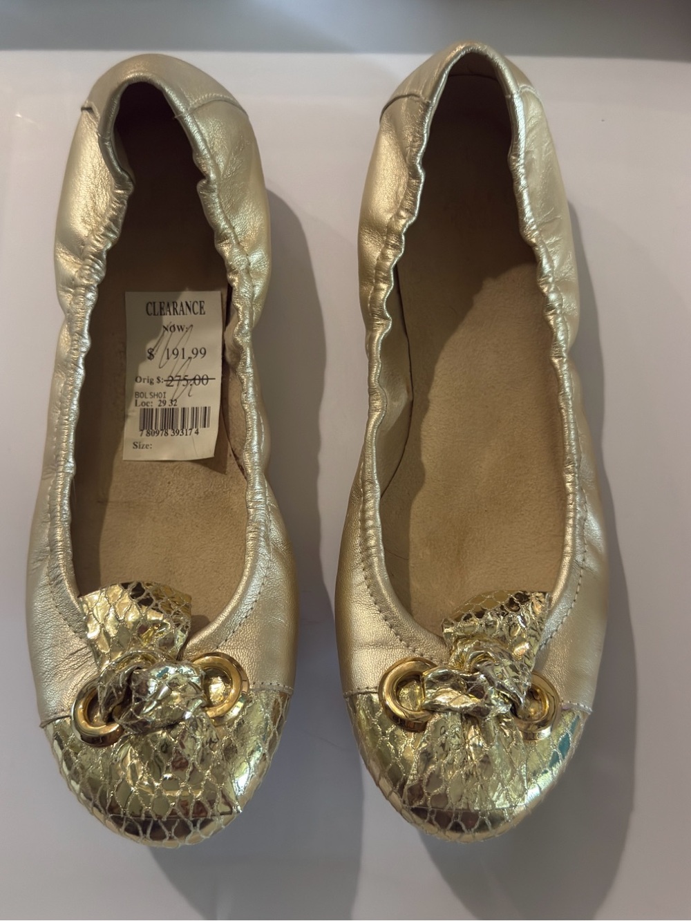Stuart Weitzman Women’s Metallic Gold Ballet Flats with Chain Accent